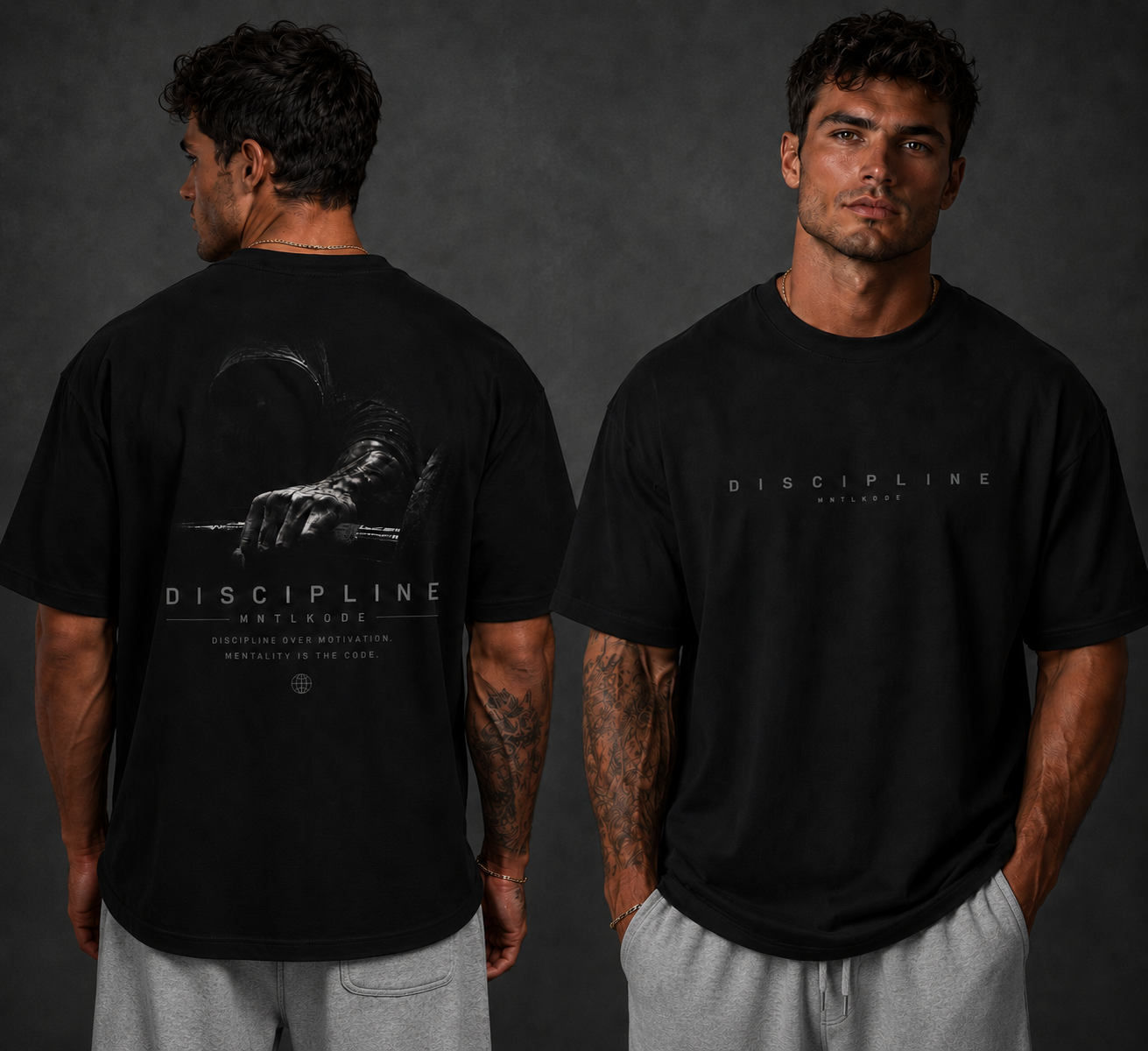Man wearing a black t-shirt with 'Discipline' text and graphic, showing front and back views.