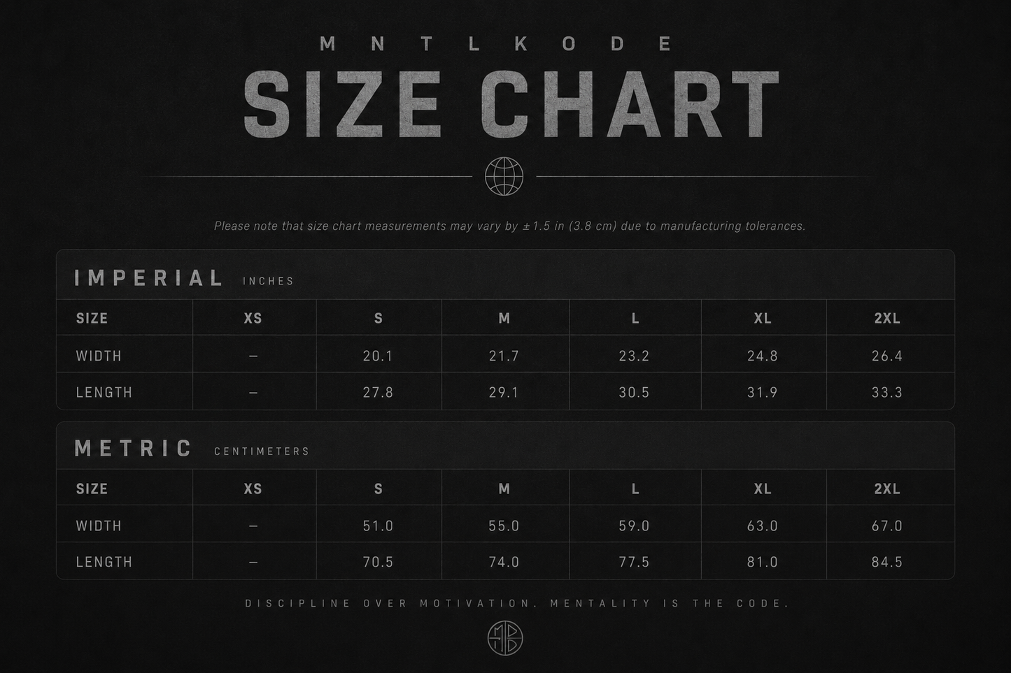 Size chart for clothing with imperial and metric measurements on a black background